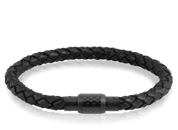 ARZ Steel Black Steel Black Leather Bracelet