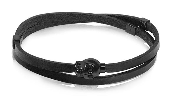 ARZ Steel Black Skull Black Leather Bracelet