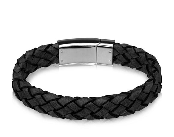 ARZ Steel Black Leather Steel Clasp Bracelet