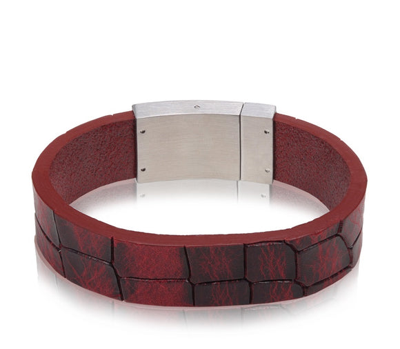 ARZ Steel Red Leather Bracelet